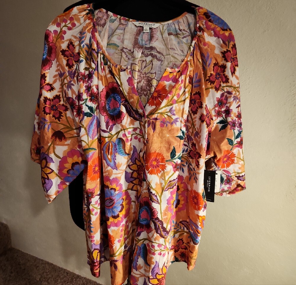 Liverpool Multicolor Floral Split Neck Button Front Blouse Size 1X - Picture 4 of 12